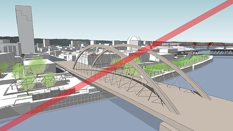 显示了三个西引桥类型设计的数字序列。 设计 1 是一个精致的梁结构，保持了西侧和从西侧的开放视野。 设计的 2 和 3 显示了桥上类型的结构，由于对历史街区的不利影响和重大的许可困难度而被划掉。